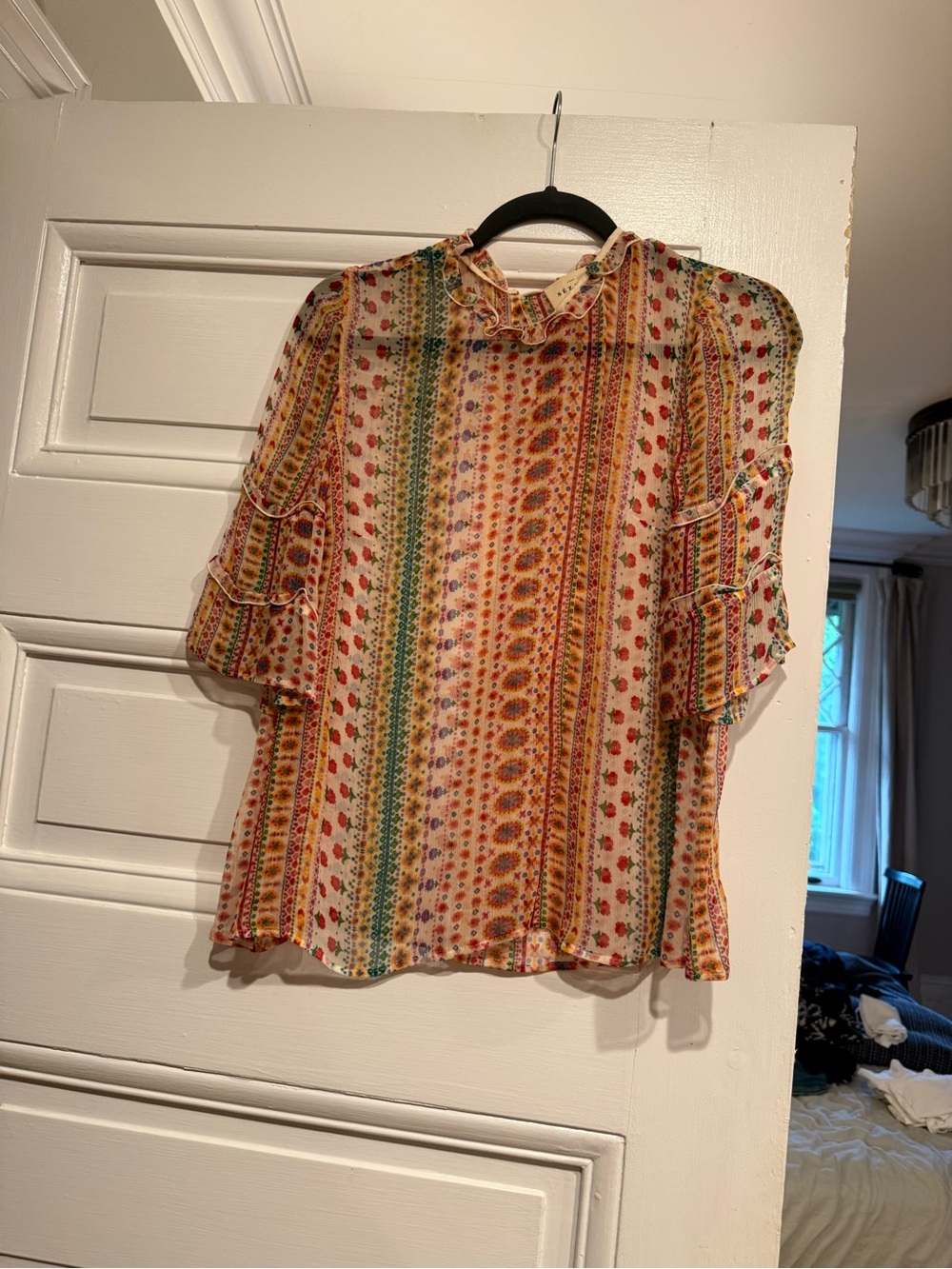 Sezane Floral Stripe Ruffle Neck Blouse - Multi